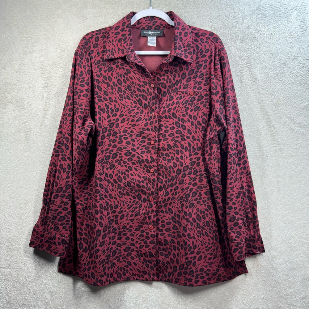 Sag Harbor Leopard Animal Print Button Front Blouse Size 16W Magenta Long Sleeve